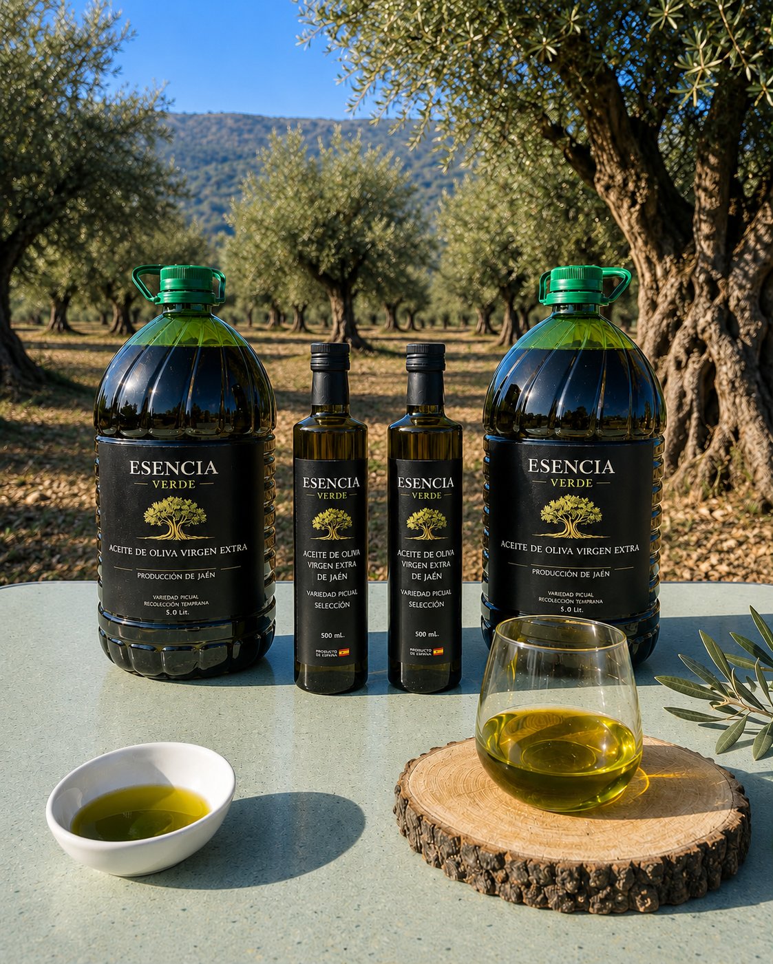 ¡Pack Esencia! - 2 Garrafas AOVE 5 L + 2 Botellas Selección Envero 500 ml - Variedad Picual Cosecha 2025/26